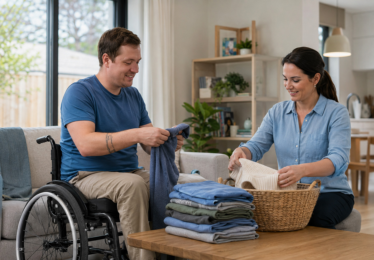 A person and support worker completing household tasks together in a bright Melbourne home
